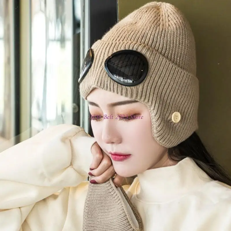 49ME Ribbed Acrylic Winter Hat with Extended Ear-to-Jaw Panels and Eyewear-Holding Front Band for Commuting and Skiing