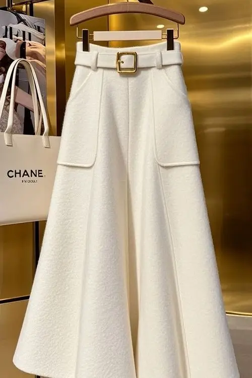 2026 Autumn Winter Solid Pockect Skirts Women High Waist Solid A-line Skirt Korean Thick Elegant Fleece-lined Style Skirts TS601