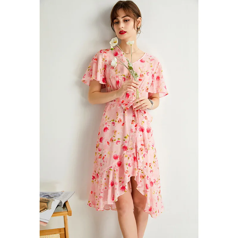 Pure Silk Dress for Women, V-Neck, Butterfly Sleeve, Waist Lace Up Ruffles Dress, Mulberry Silk Crepe Dresses, FS2328