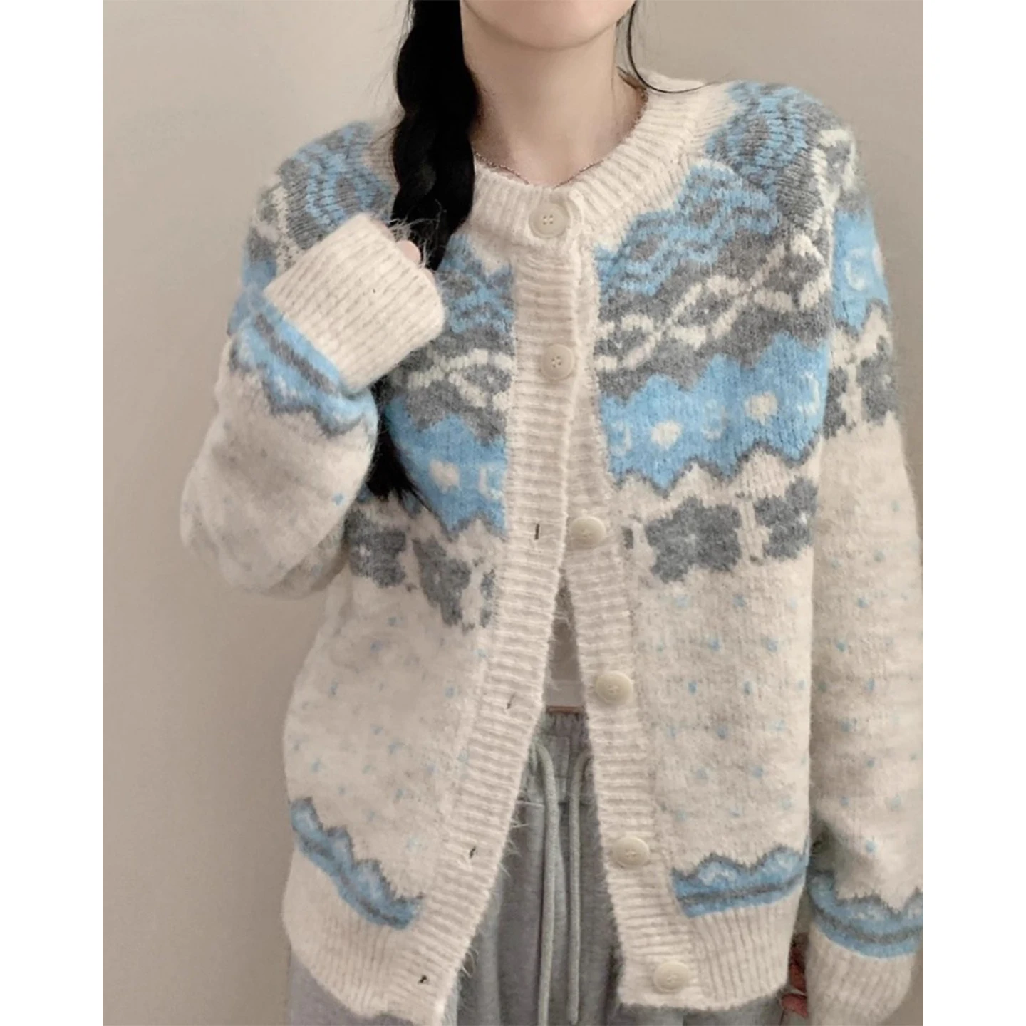 

Ladies Soft Cozy Fair Isle Knitted Sweater Winter New Sle Color Blo Geometric Pattern Long Sve round Ne Open Cardigan