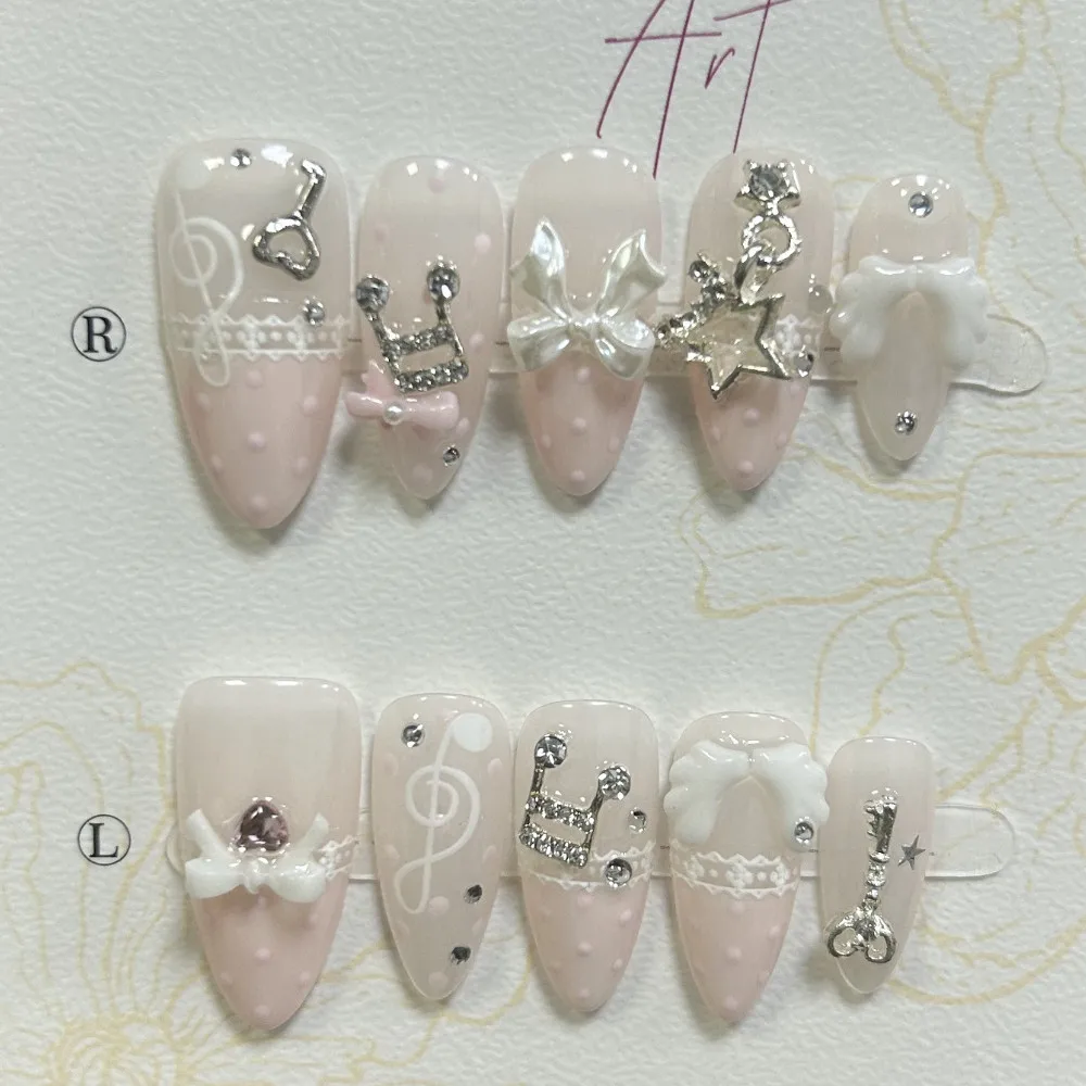 Musical Notes Vintage Pink Cute Lace Polka Dots French Almond Press On Nails Handmade 3D Bow Star Wings Diamond Retro Fake Nails