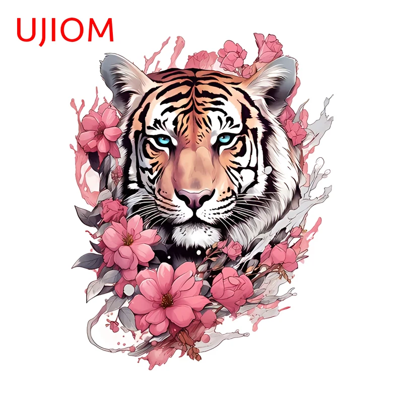UJIOM Tiger Head with Pink Flowers Wall Sticker Attractive Personality Fridge Veneer Decal Sunscreen Living Room Accessories
