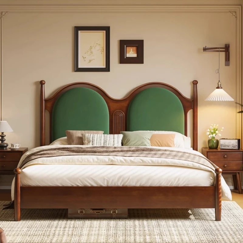 

French retro all solid wood green soft bag bed walnut color 1.8 double bed modern simple master bedroom queen bed
