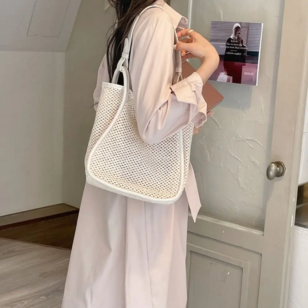 Woven Straw Bag Fashion Large Capacity Leather Handles Underarm Bag Bohemian White Beach Bucket Bag