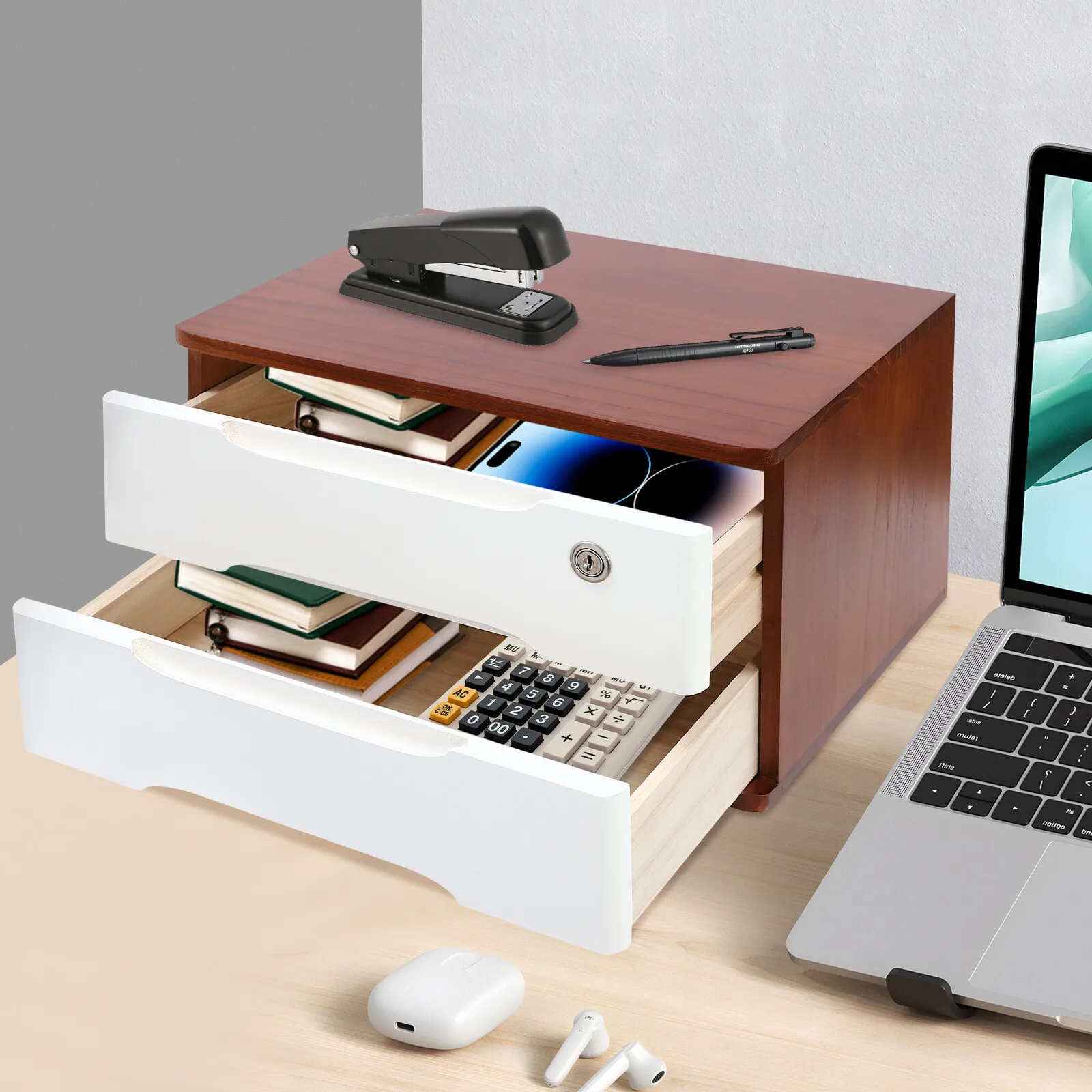 

2-Tier Wooden Shelf Organizer for Desk Desktop Storage Box with Lockable Drawers