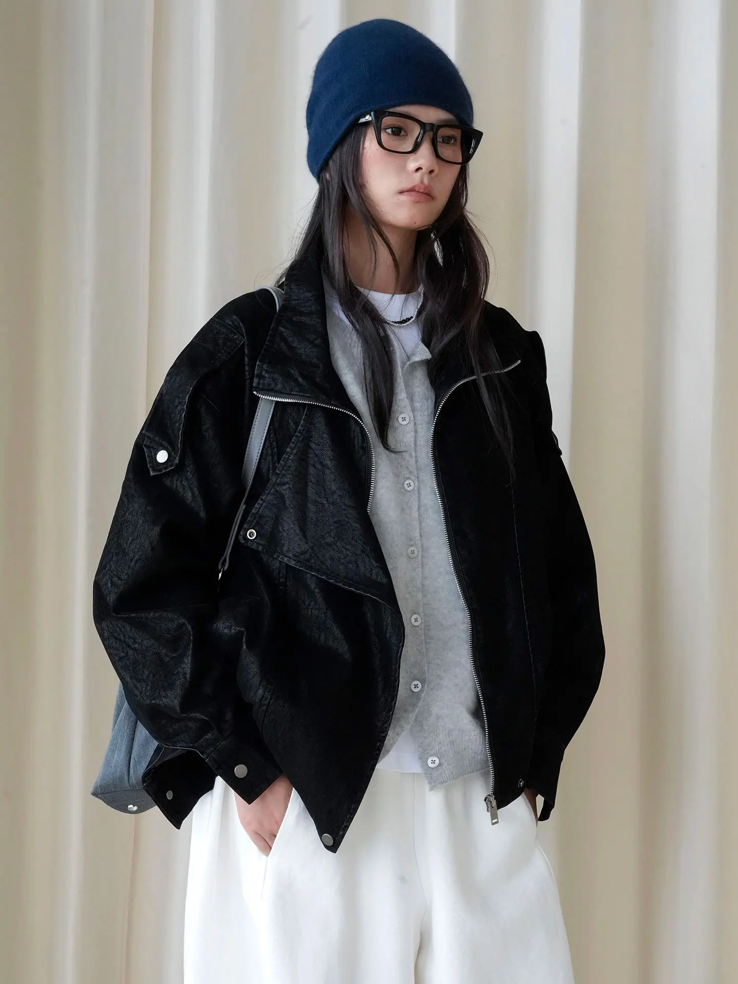 Autumn/Winter New Paris Retro Fashionable Stand up Collar Zipper Short Flight Leather Jacket with Elastic Bottom Coat for Women
