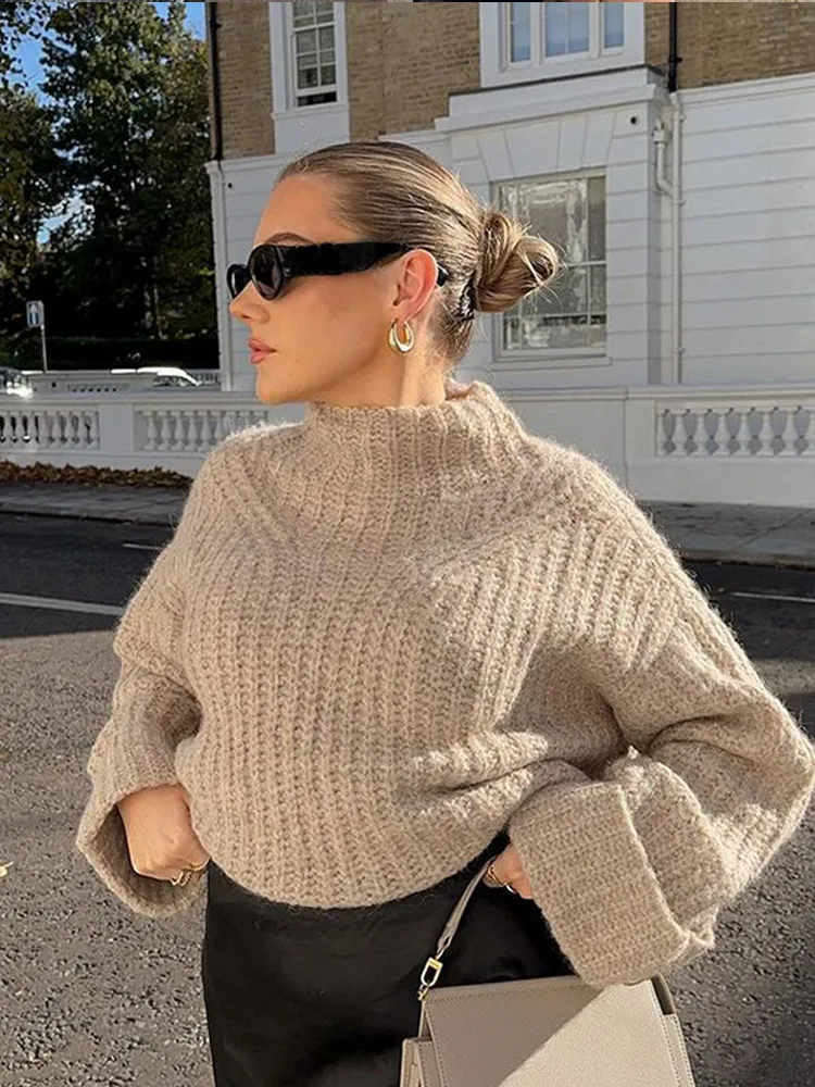 Elegant Solid Soft Knitted Pullover Women New Half-neck Long Sleeves Oversize Sweaters Autumn Warm Lady High Street Knitwear 