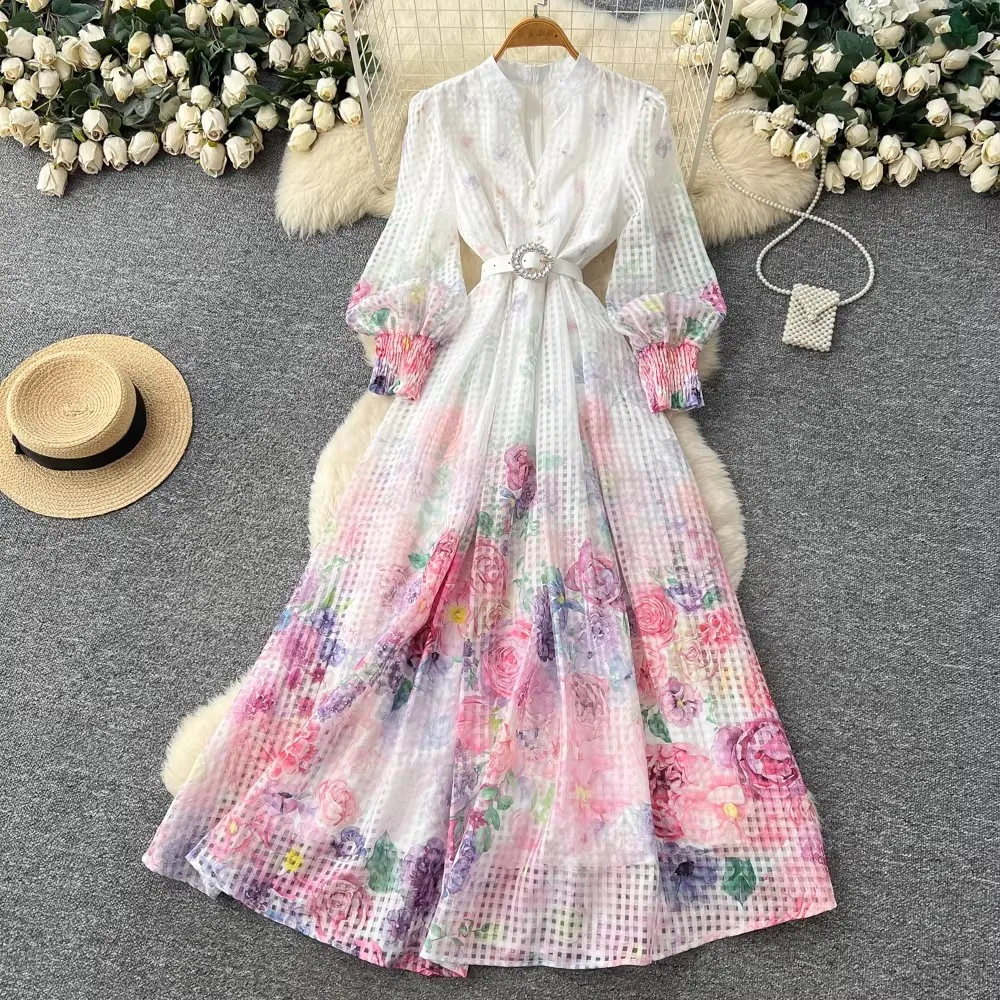 

2026 Spring Gorgeous Flower Holiday Organza Dress Women's Stand Collar Lantern Sleeve Print Diamond Belt Long Party Vestidos