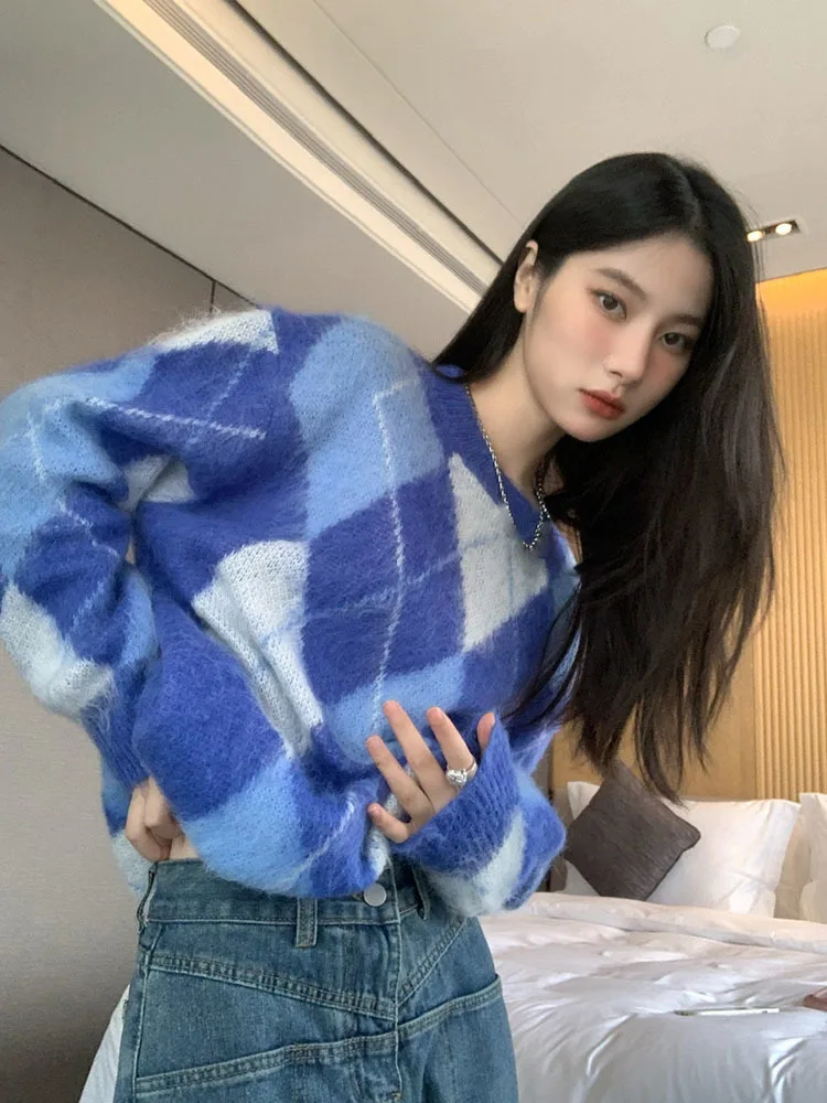 Korean Fashion Plaid Pullover Oversize Retro Vintage Kleidung Herbst Winter Schachbrett Stricken Jumper Blau Pullover