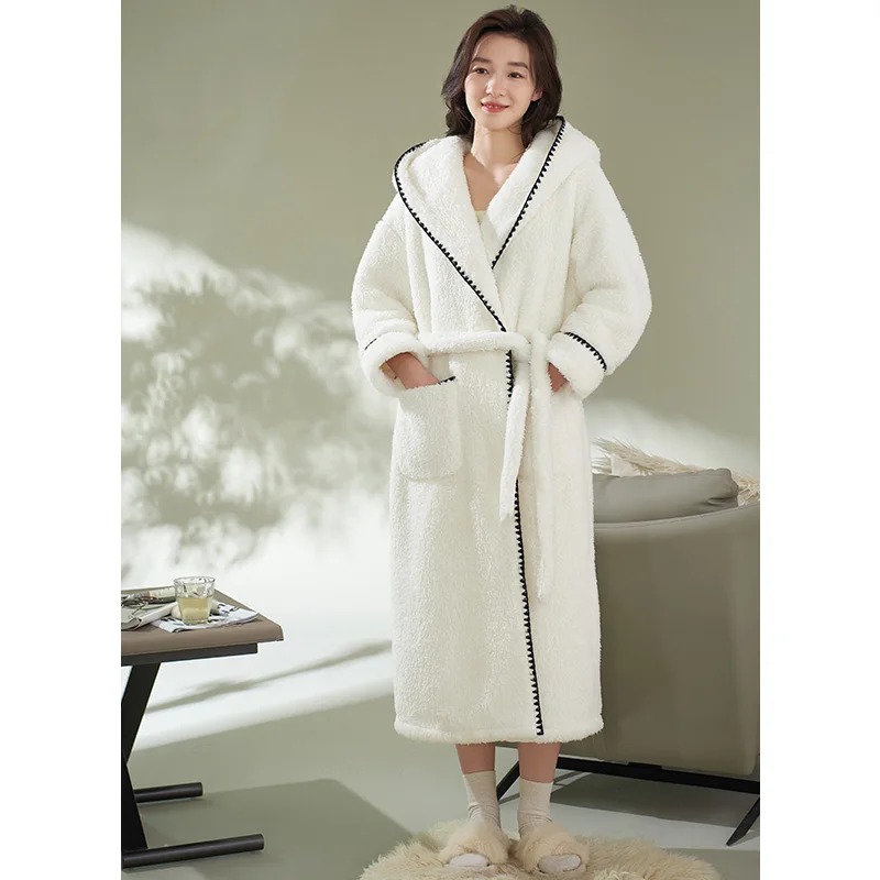 Winter Women Robes With Hooded Sleep Lounge Pijamas Mujer Long Sleeve Ladies Nightwear Bathrobe V-Neck Plush Velvet Night Dress