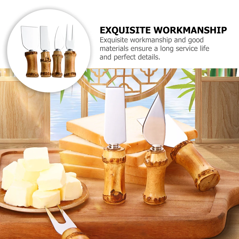 

Cheese Knife Set Stainless Steel Bamboo H Cutlery Multi Function Cheese Fork Kitchen Tool Reusable Daily Use