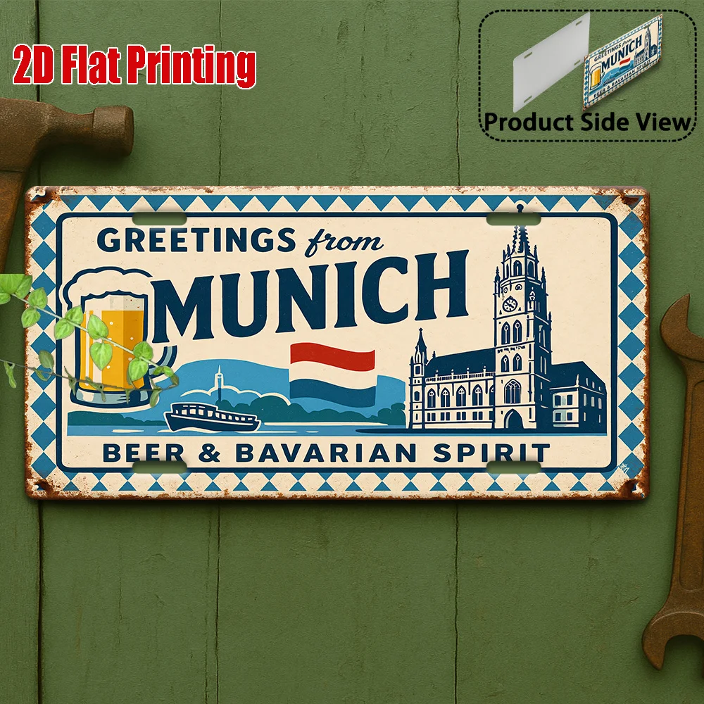 2D Flat,1pc, Vintage Metal Sign, Outdoor Plaque & Wall Decor 15x30cm, Munich Beer and Bavarian Spirit Landscape Aluminum Sign
