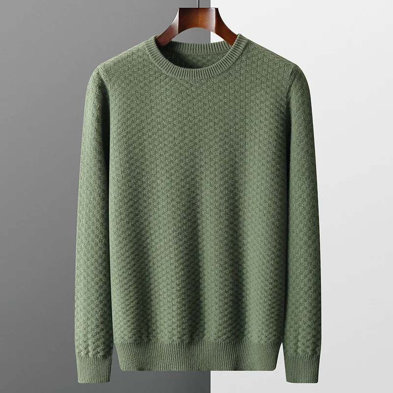 Men's 100% merino wool autumn and winter plaid thick pullover fashion plus size shirt business casual knit bottoming shirt