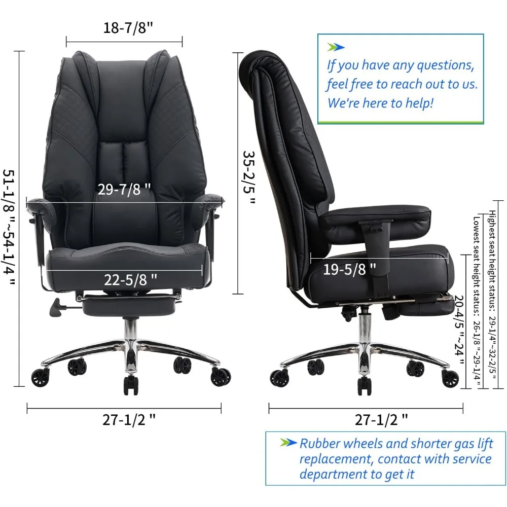 Ergonomic High-Back Leather Executive Chair with Wide Seat and Footrest for 400lbs Capacity