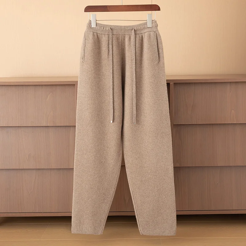 

2025 Autumn/Winter Thick Men's High Waist Small Foot Pants 100% Merino Wool Knitted Pants Casual Fashion Solid Color Warm Pants