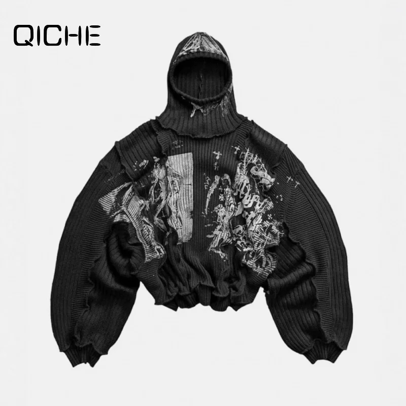 QICHE 2026 Men Women American Retro Dark Harajuku Style Hole‑Designed Knitted Pullover Trendy Spring Sweater