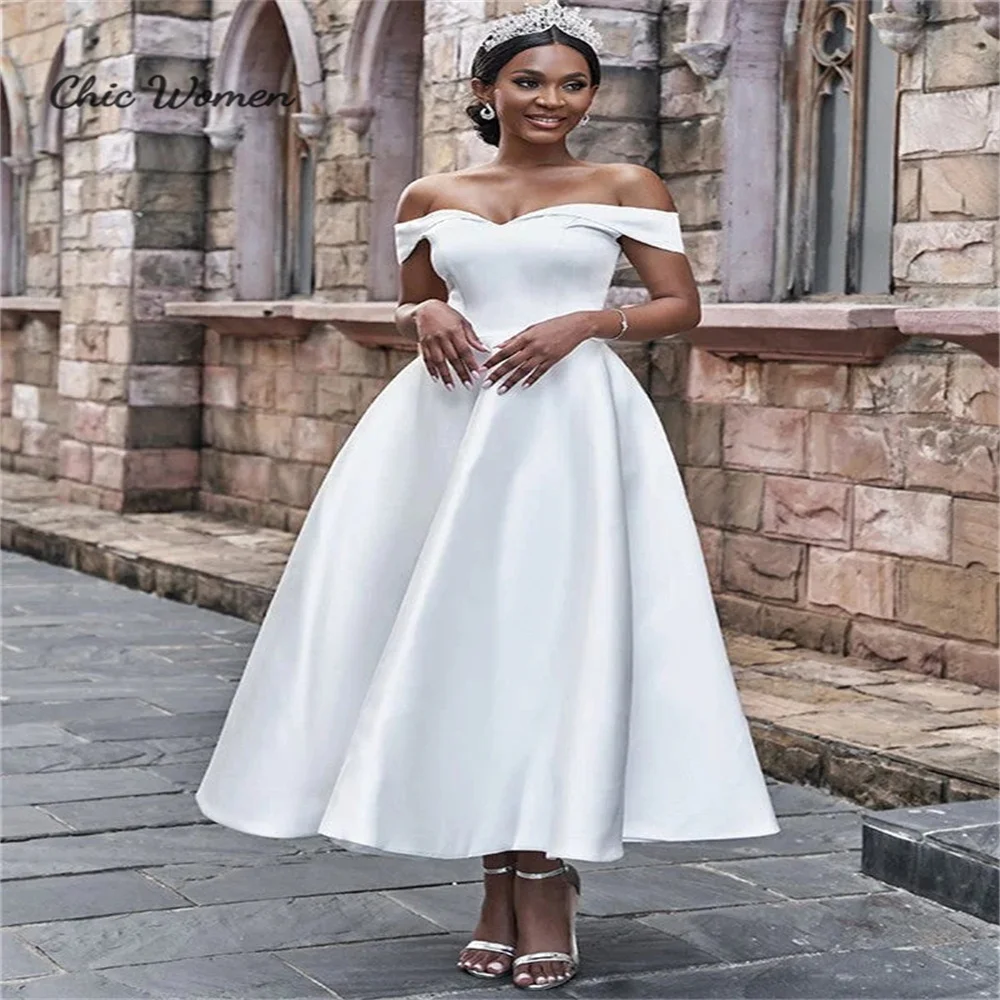 African Boho Wedding Dress 2023 A Line Off Shoulders Satin Beach Bridal Gowns Tea Length Short Women Country Bride Romantic