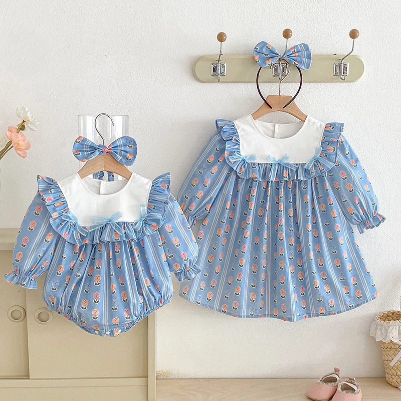 

2026 New Spring Children Clothes 2-7Yrs Girl Party Dress Baby Girl Romper Long Sleeved Cotton Print Kids Princess Dresses