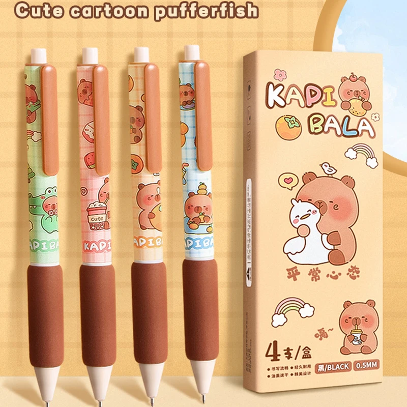 4Pcs Cartoon Capybara Gel Pen Quick-Drying Black Ink Writing Smooth Soft Grip Pen Office Supplies Kawaii Student Stationery