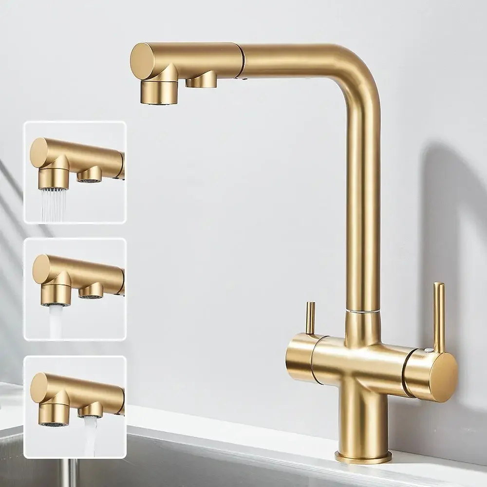 Brushed gold Pull-out Filtered Kitchen Faucet Brass Purifier Faucet 360 Rotation Dual Sprayer Drinking Tap Vessel Sink Mixer Tap
