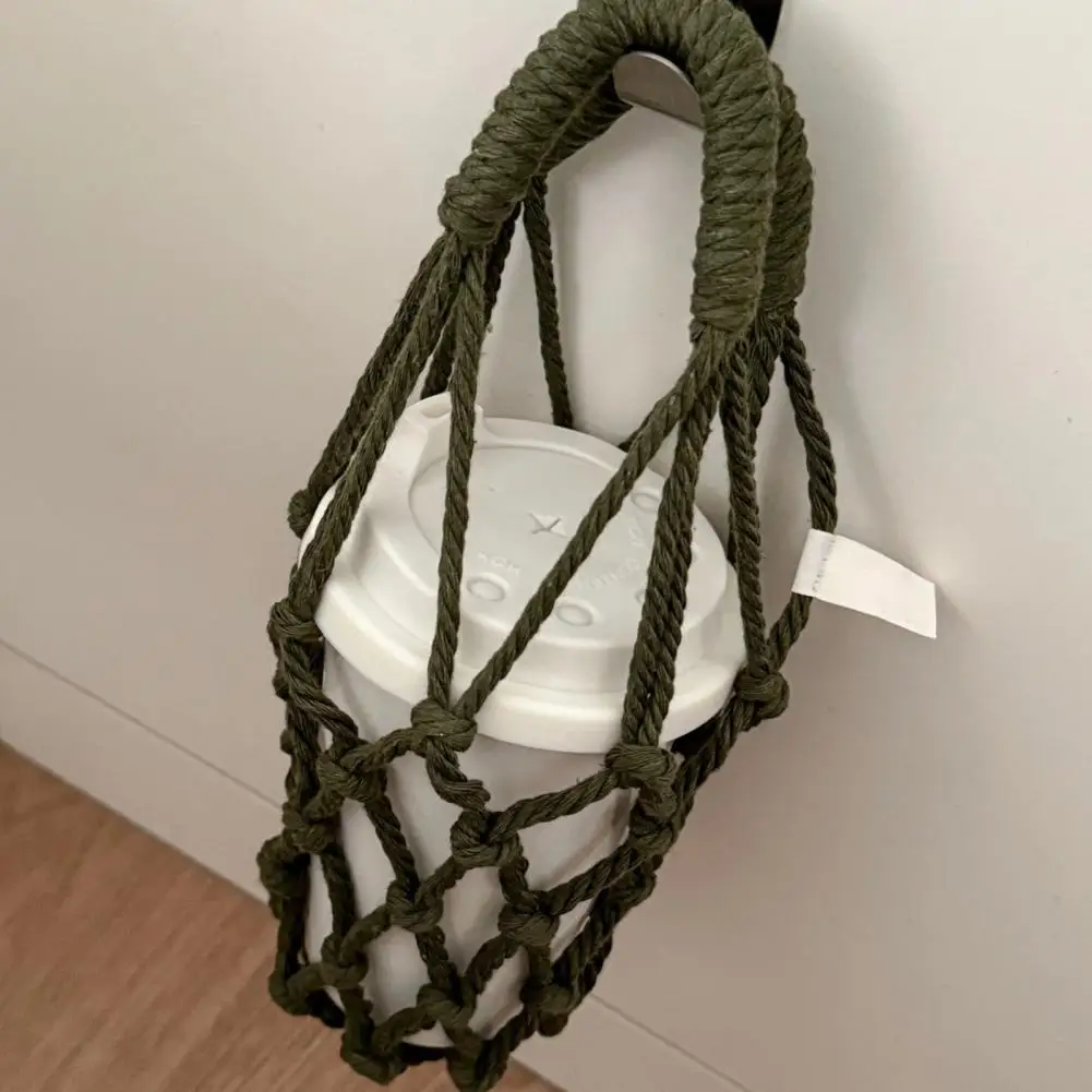 

Hand-woven Cup Net Handwoven Cup Sling Bag Knitted Coffee Cup Holder Water Bottle Carrier with Strap Stylish for Hiking