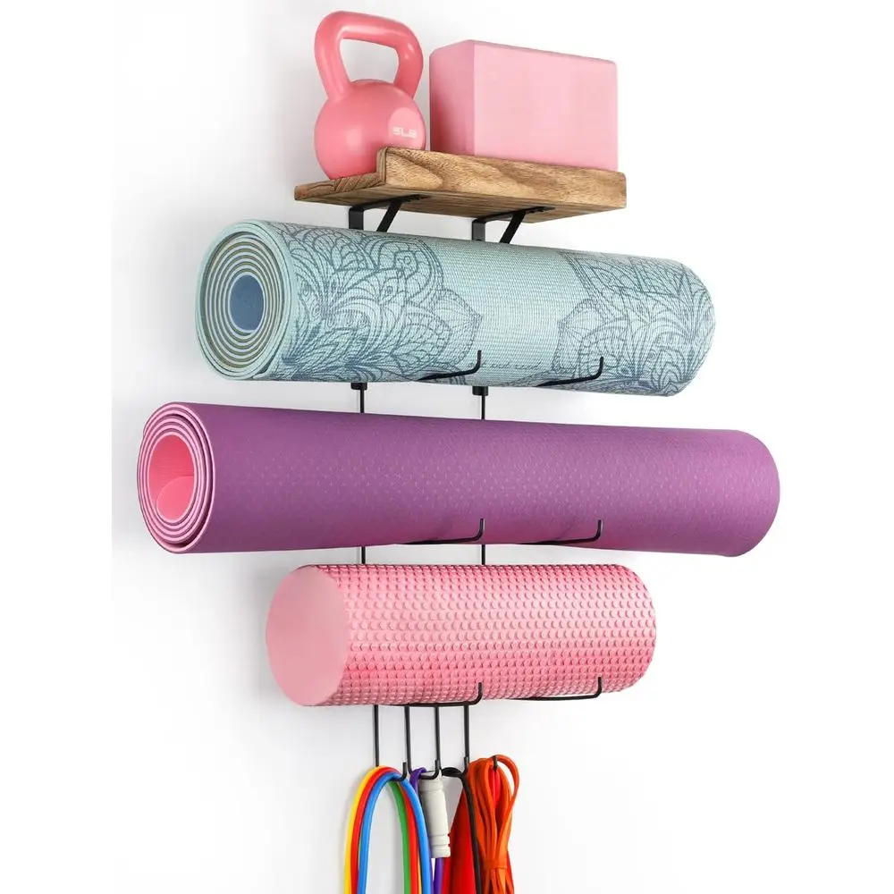 

VINAEMO Yoga Mat Holder Accessories Wall Mount Organizer Storage Decor Foam Roller and Towel Storage Rack with 4 Hooks and Woode