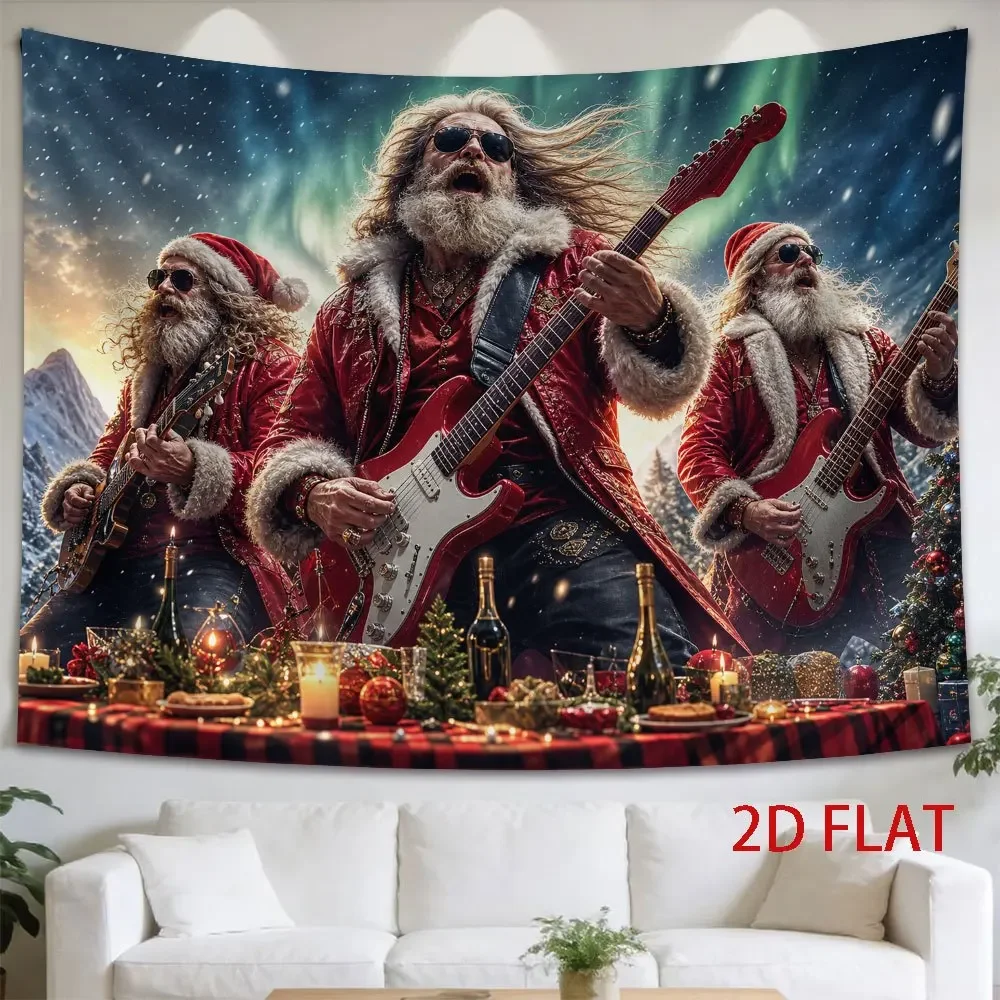 Santa Rock Band Christmas Concert Wall Tapestry Xmas Holiday Music Festival Decor for Xmas Tree