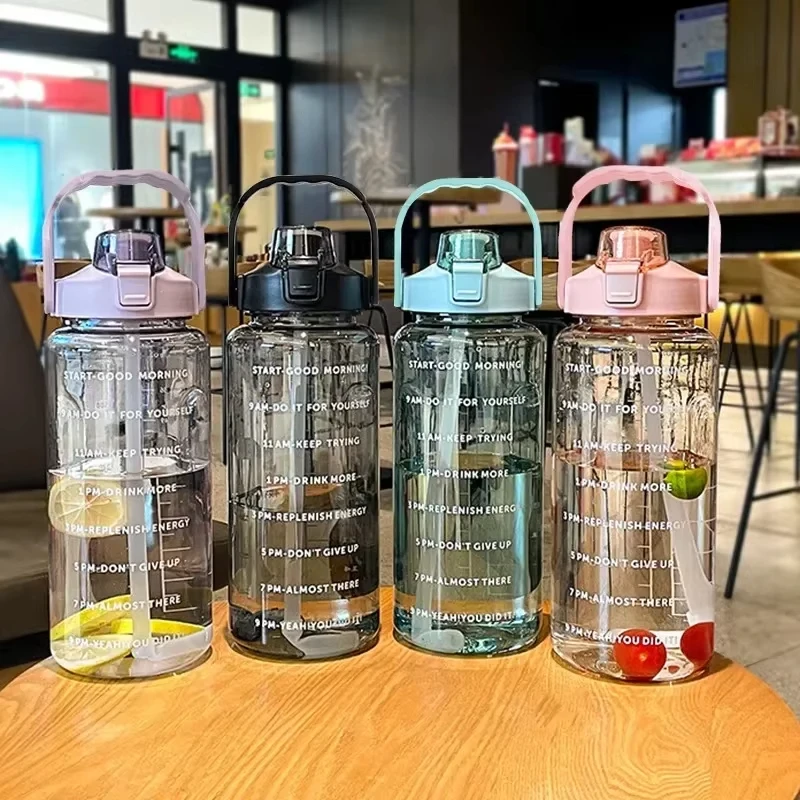 2L Water Bottle Portable Straw Plastic Water Cup for Outdoor Sports Fitness Large Capacity Adult Big Fat Cup with Time Marker
