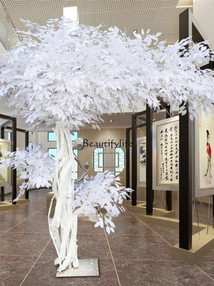 Simulation large white fake banyan tree photo shopping mall decoration live broadcast background tree