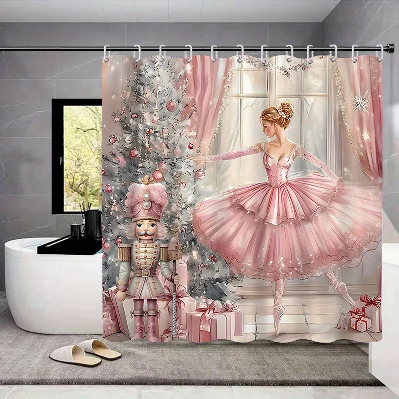 

Christmas Ballerina Shower Curtain -Elegant Design with Pink Tutu Nutcracker and Festive Tree Perfect for Holiday Bathroom Decor