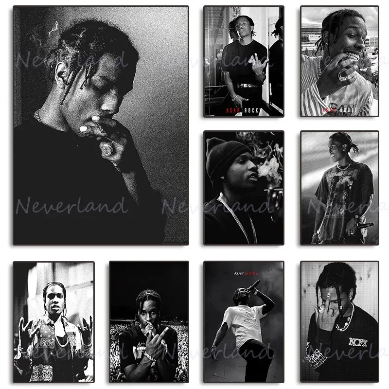 ASAP Rocky Hip-hop Icon Canvas Art Print - Black & White Fashion Poster Wall Decor