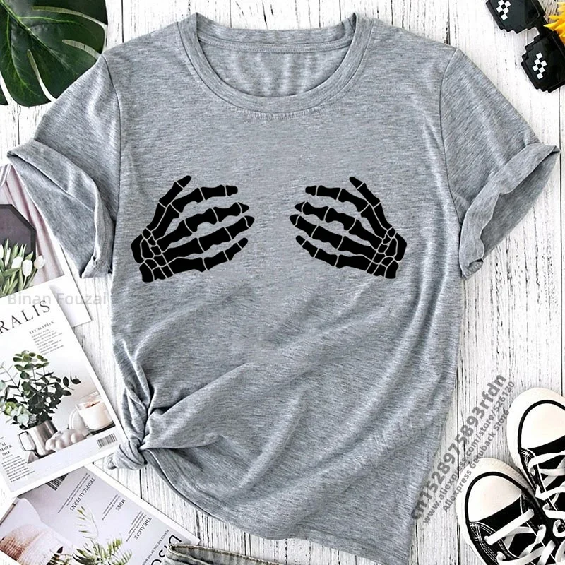 Skull Hands Print T-shirts Women Summer 2024 Gothic Clothes Casual Round Neck Graphic Tees Fashion T Shirt Femme Camisetas Mujer