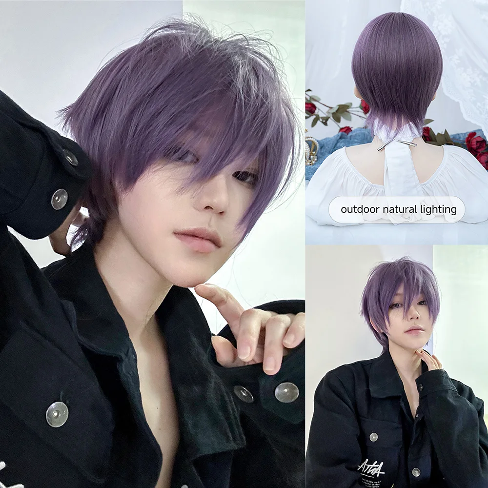 12Inch Purple Handsome Synthetic Wigs With Bang Short Straight Hair Wig For Man or Women Daily Use Cosplay Party Heat Resistant