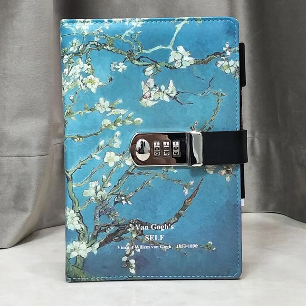 Starry Sky Vincent Van Gogh Bullet Dotted Journal Hardcover Notebook With Lock Blossoming Almond Tree Planner Travel Diary Gift