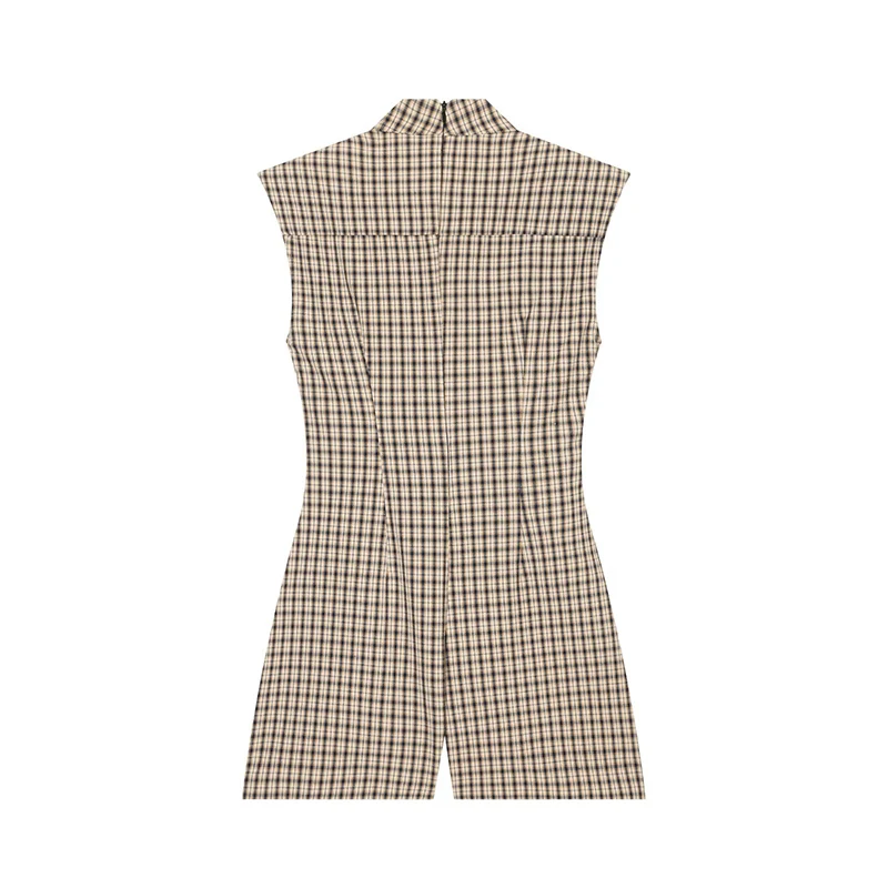 European And American Stand-up Collar Sleeveless Plaid Short Jumpsuit Slim Romper