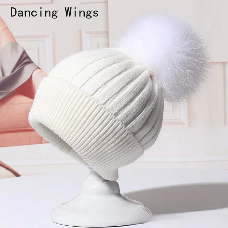 

Winter Hat Women Natural Pom Pom Beanies fox Fur Pompoms Knitted Hat Fashion Ear Protection Luxury Wool Hat