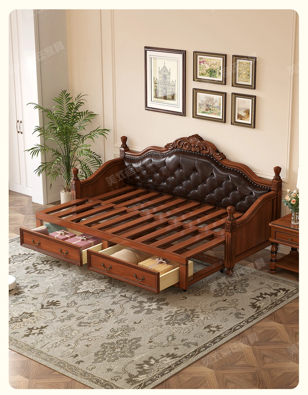 American solid wood sofa bed push-pull foldable dual-purpose European sitting and lying telescopic small apartment