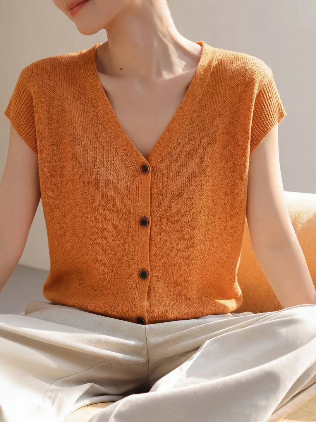 Blue V-Neck Short Sleeve Knitted Open Cardigan Women's Thin Button T-Shirt Slimming Top Simple Cool Fashion Flying Sleeve T-S...