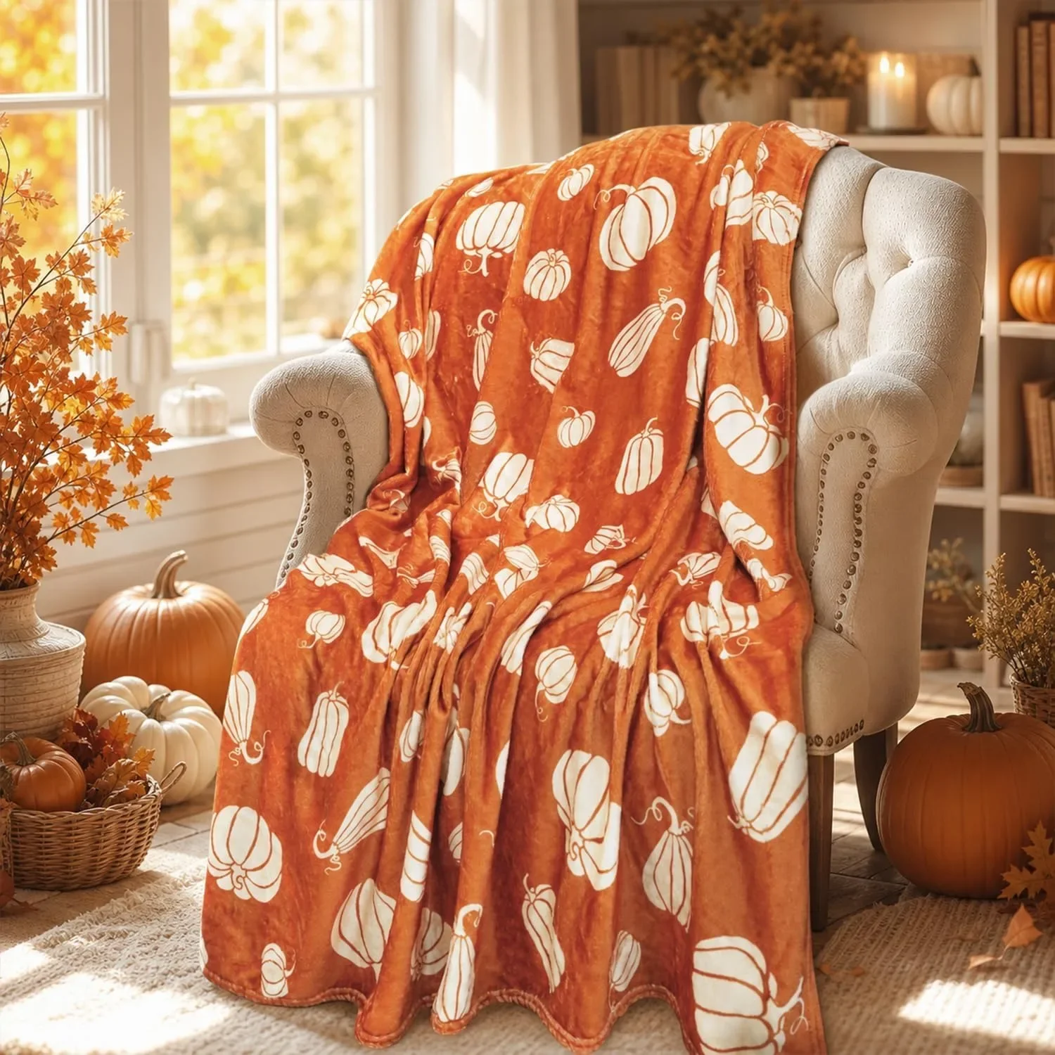 Cozy Autumn Pumpkin Throw Blanket Fall Harvest Decor Plush Throw for Sofa Couch Seating Area