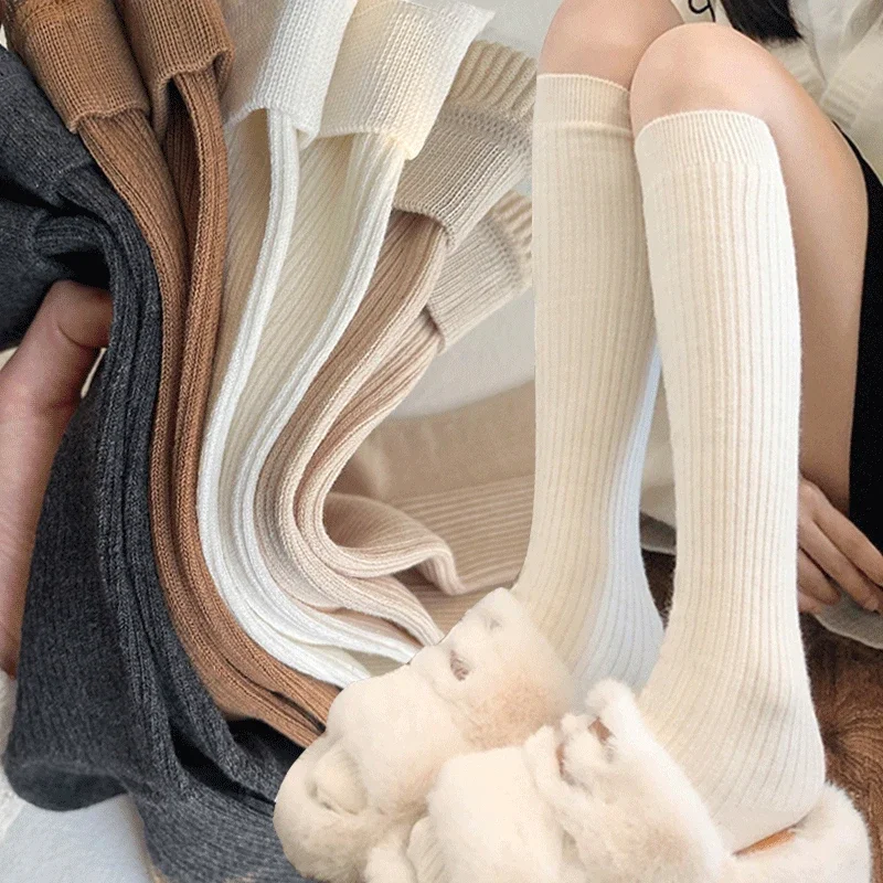 Women Long Socks Cashmere Women Boot Solid Wool Thigh Stocking Skinny Casual Cotton Over Knee-High Fluffy Female Long Knee Sock