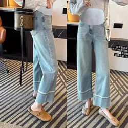 Plus Size Maternity Wide Leg Jeans for Spring, Stretch Straight Cut 9/10 Length Pants, Casual Pregnancy Denim Trousers