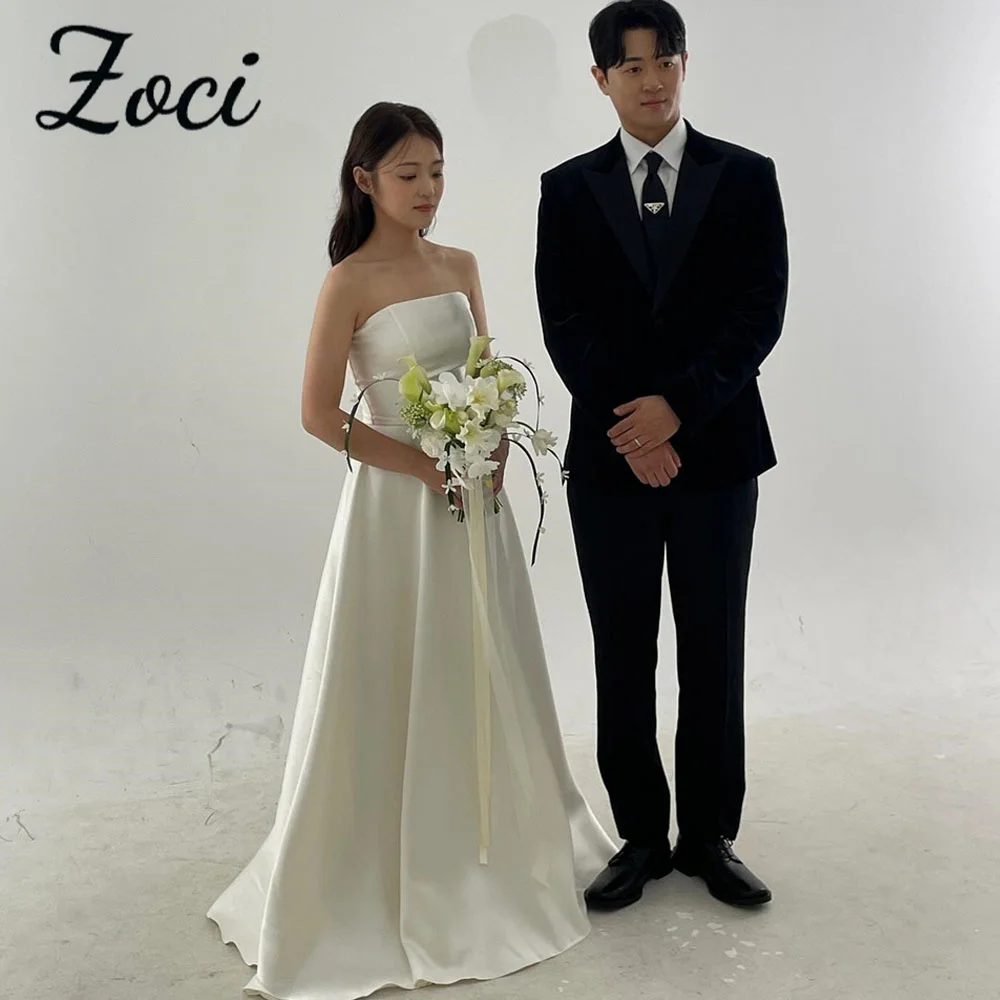 

Zoci Elegant Satin A Line Korea Wedding Dresses Photos Shoot Customized Sleeveless Backless Draped Formal Evening Party Gown