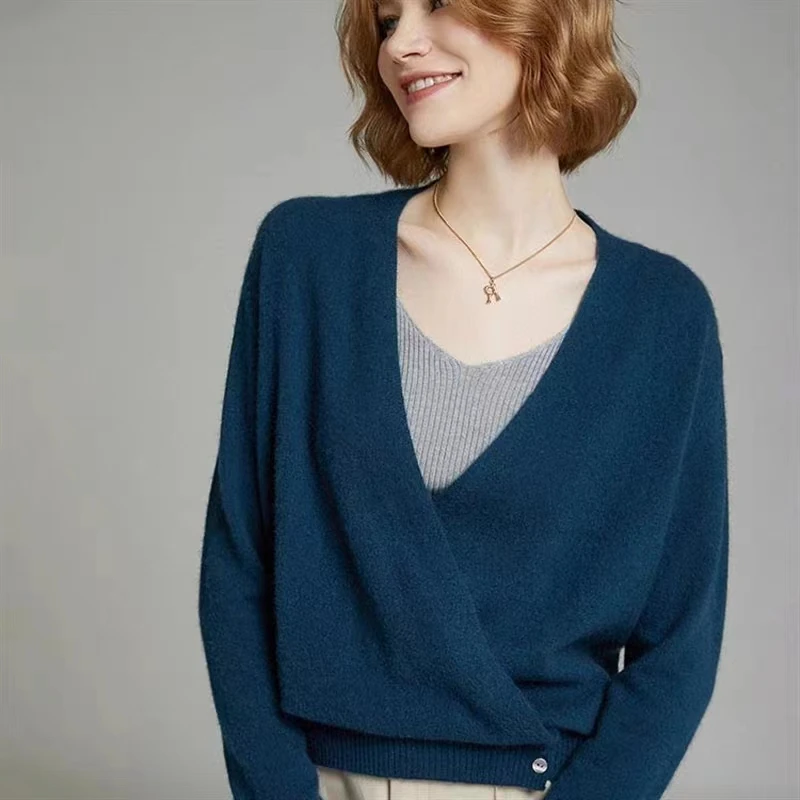 Women's 100% Merino Wool Sweater Crossover Collar Cadigan Office Lady Basic Grace Cashmere Knitwear Autumn Winter Tops