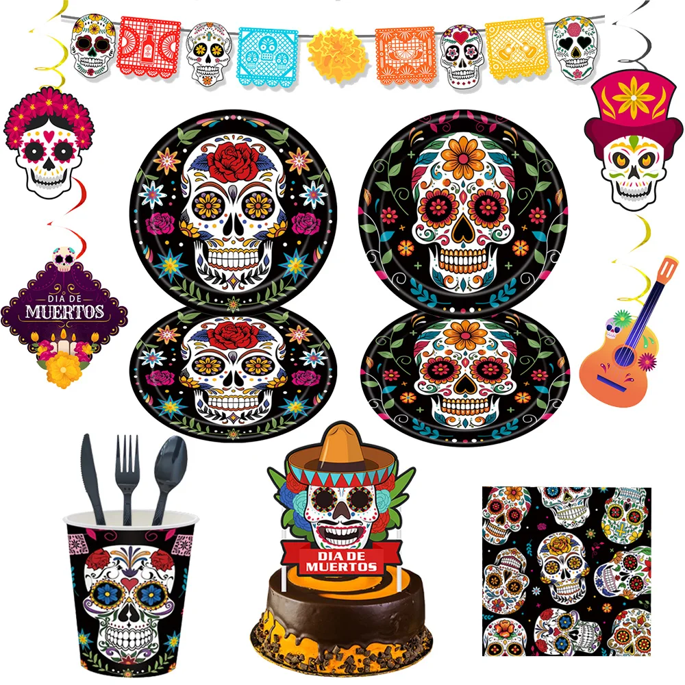 Day of the Dead Halloween Theme Flower Skull Disposable Tableware Paper Plates Cups Napkins Banner Hanging Decor Party Supplies