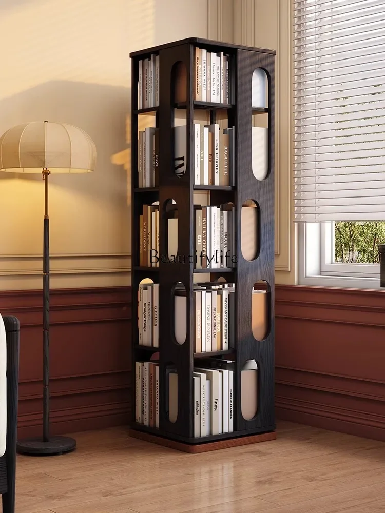 360-Degree rotating bookshelf, living room solid wood retro bookcase floor-to-ceiling multi-layer storage shelf