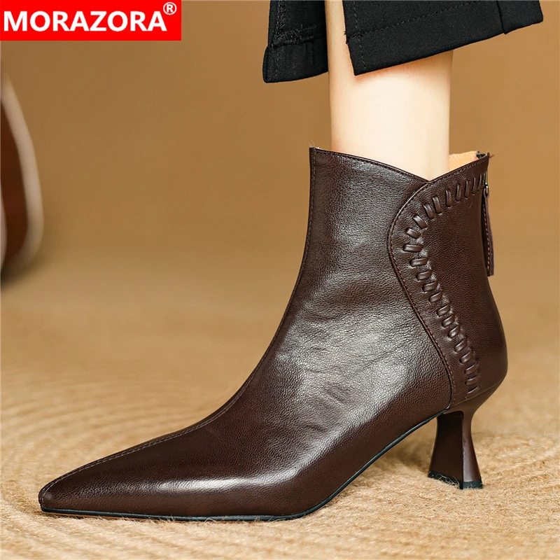 

MORAZORA New Genuine Leather Boots Women Zipper High Heels Boots Pointed Toe Autumn Winter Ankle Boots For Ladies Shoes