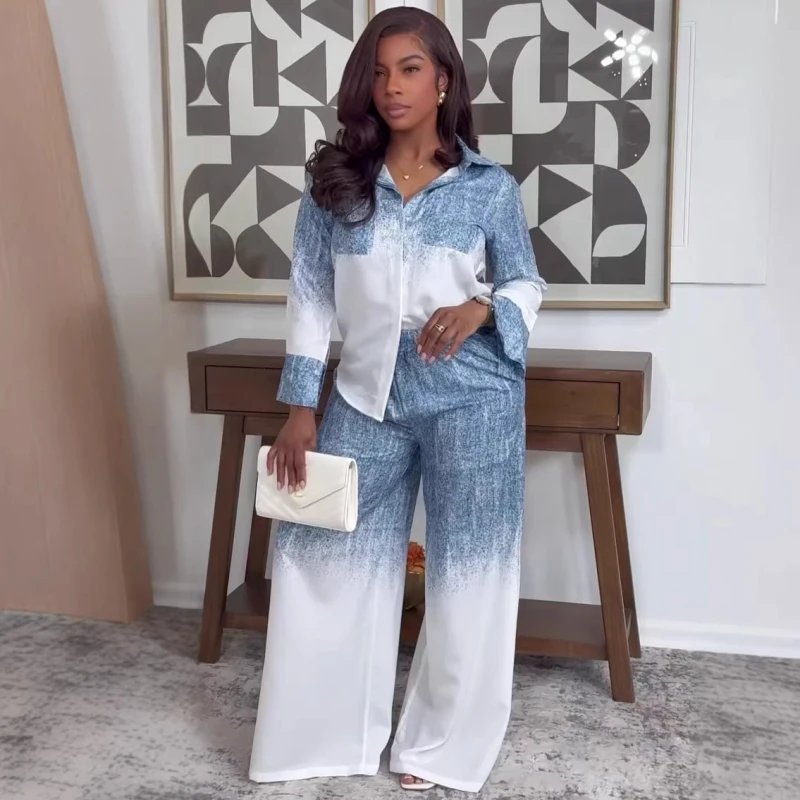 New Design African Fashion Women Two Piece Set Tie Dye Printed Full Sleeve Shirt And Wide Leg Pants Set