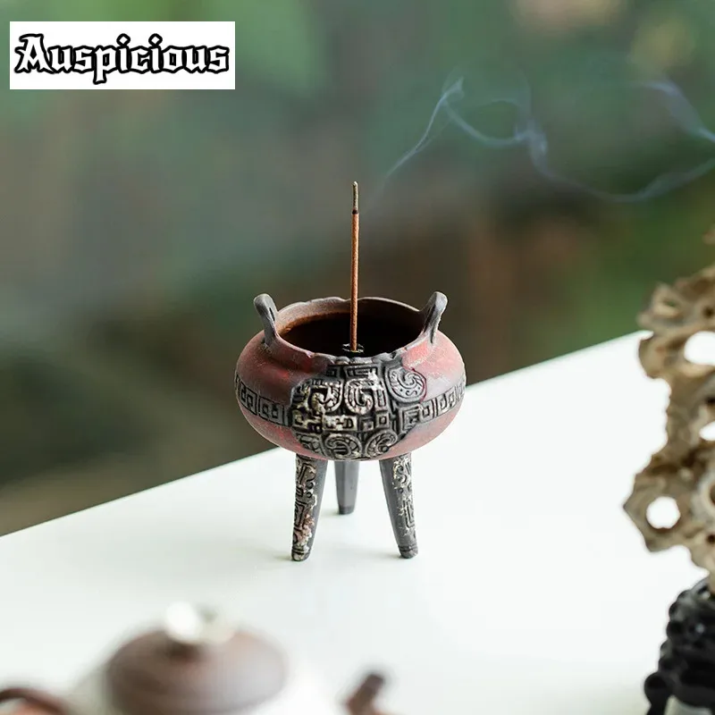 Retro Taotie Pattern Small Tripod Furnace Old Rock Mud Powder Yin Carmine Red Incense Stove Zen Censer Burner Holder Ornaments