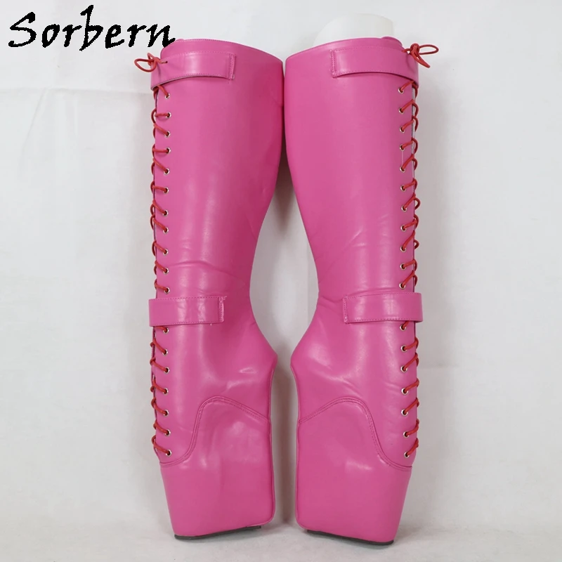 Sorbern Matte Hot Pink Knee High Boots Women Lockable Straps Lace Up Heelless Lockable Beginner Ballet Wedge Boot Custom Shaft