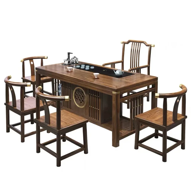 

New Chinese style, tea table and chair combination, solid wood, simple, modern, coffee table, set, one